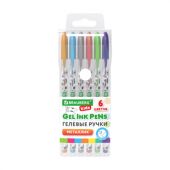 Ручки гелевые МЕТАЛЛИК BRAUBERG KIDS "CUTE ANIMALS", НАБОР 6 ЦВЕТОВ, корпус с печатью, узел 1 мм, линия письма 0,7 мм, 144440