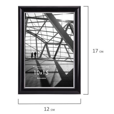 Рамка 10х15 см небьющаяся, багет 14,6 мм, пластик, BRAUBERG "Original Line", черная/серебро, 391233