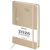 Ежедневник датированный 2026, А5, 138x213 мм, BRAUBERG "Optimal", под кожу, резинка, держатель для ручки, бежевый, 117467