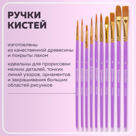 Кисти синтетика BRAUBERG, НАБОР 10 шт., фиолетовые (Круглые; Овальные; Плоские; Лайнеры), 201029