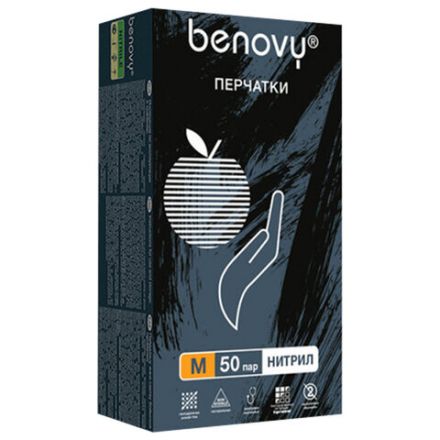 Перчатки нитриловые смотровые 50 пар (100 штук), размер 7-8, M (средний), черные, BENOVY MultiColor, К