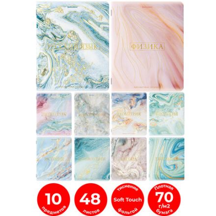 Тетради предметные со справочным материалом, КОМПЛЕКТ 10 ПРЕДМЕТОВ, 48 л., SoftTouch, фольга, BRAUBERG, "PASTEL", 404031