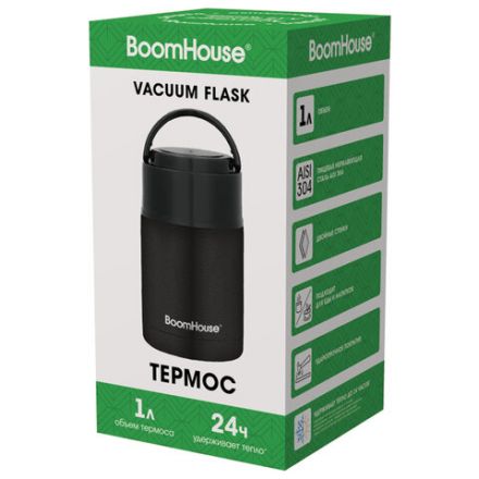 Термос 1 л для еды/напитков с широким горлом, BOOMHOUSE (БУМХАУС) LUNCH, нержавеющая сталь SUS304, черный, 700327