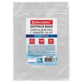 Пакеты дой-пак с замком ZIP LOCK, прозрачные, 140х200 + 40 мм, КОМПЛЕКТ 100 штук, 70 мкм, BRAUBERG, 700697