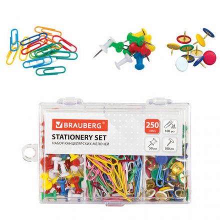 Набор BRAUBERG, скрепки цветные 28 мм/100 шт., кнопки канцелярские 100 шт., силовые кнопки 50 шт., 229675 Набор BRAUBERG, скрепки цветные 28 мм/100 шт., кнопки канцелярские 100 шт., силовые кнопки 50 шт., 229675