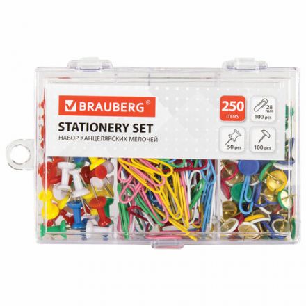 Набор BRAUBERG, скрепки цветные 28 мм/100 шт., кнопки канцелярские 100 шт., силовые кнопки 50 шт., 229675 Набор BRAUBERG, скрепки цветные 28 мм/100 шт., кнопки канцелярские 100 шт., силовые кнопки 50 шт., 229675