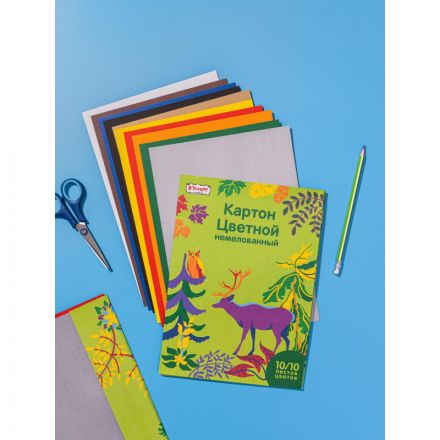Картон цветной №1School, 10л, 10цв, А4, Живая природа, немелованный Картон цветной №1School, 10л, 10цв, А4, Живая природа, немелованный