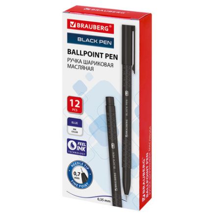 Ручка шариковая масляная BRAUBERG "BLACK PEN", СИНЯЯ, игольчатый узел 0,7 мм, линия письма 0,35 мм, 144325