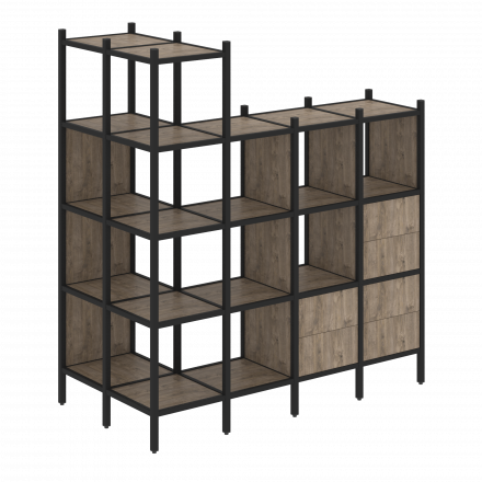 Loft Угловой внешний стеллаж наборный VR.L-57 Тиквуд тёмный/Чёрный металл 862*1694*1869