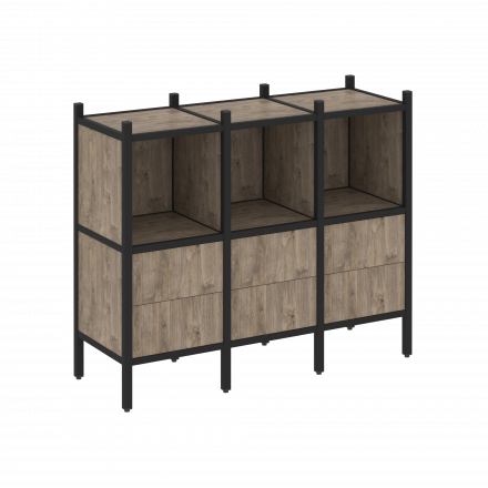 Loft Прямой стеллаж наборный VR.L-07 Тиквуд тёмный/Чёрный металл 1278*446*1047