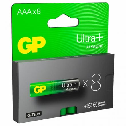 Батарейки КОМПЛЕКТ 8 шт., GP Ultra Plus G-Tech, AAA (LR03), алкалиновые, мизинчиковые, 24AUPA21-2CRB8