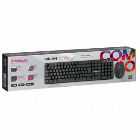 Набор беспроводной DEFENDER Milan C-992 RU, клавиатура, мышь 2 кнопки + 1 колесо-кнопка, черный, 45992
