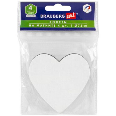 Холсты на магните в форме сердца НАБОР 4 шт., 7,5 см, 280 г/м2, 100% хлопок, BRAUBERG ART CLASSIC, 192334