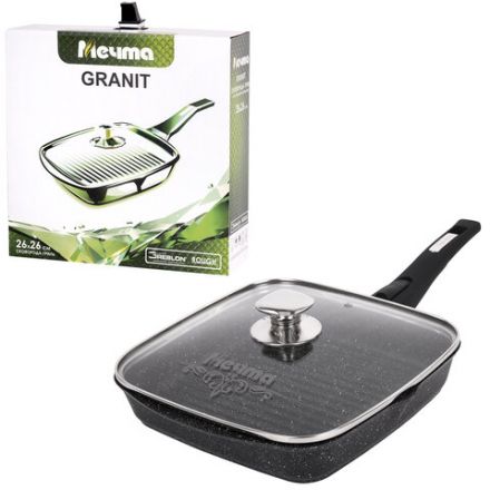 Сковорода ГРИЛЬ квадратная 26 см, съемная soft-touch ручка, крышка, антипригарное покрытие, МЕЧТА "Гранит Black", с066802 Сковорода ГРИЛЬ квадратная 26 см, съемная soft-touch ручка, крышка, антипригарное покрытие, МЕЧТА "Гранит Black", с066802