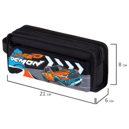 Пенал ЮНЛАНДИЯ ЮНИОР, 2 отделения, с ручкой, полиэстер, "Speed demon", 21х8х6 см, 273817
