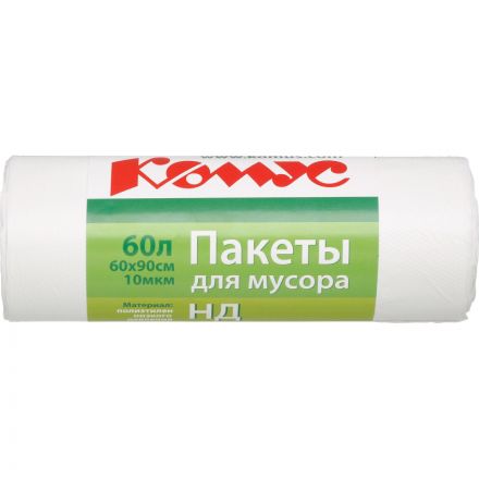 Мешки для мусора ПНД 60л 10мкм 20шт/рул белые 60x90см Комус с ручками Мешки для мусора ПНД 60л 10мкм 20шт/рул белые 60x90см Комус с ручками