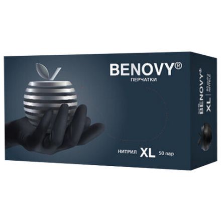 Перчатки нитриловые смотровые 50 пар (100 штук), размер 9-10, XL (очень большой), черные, BENOVY MultiColor, К