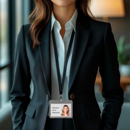 Бейдж горизонтальный (54х85 мм), ДВУСТОРОННИЙ, серый, ЗАЩИТА ОТ ВЛАГИ И ПЫЛИ, BRAUBERG EXTRA, 238810