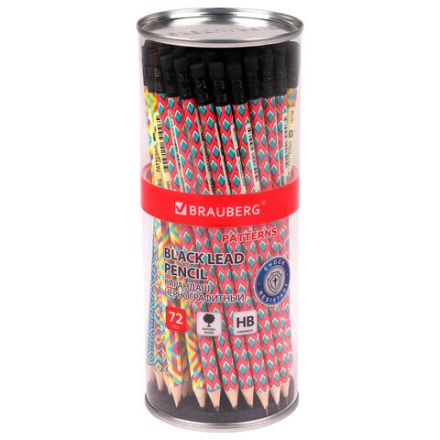 Карандаш чернографитный BRAUBERG "PATTERNS", 1 шт., HB, с ластиком, корпус ассорти, 181748