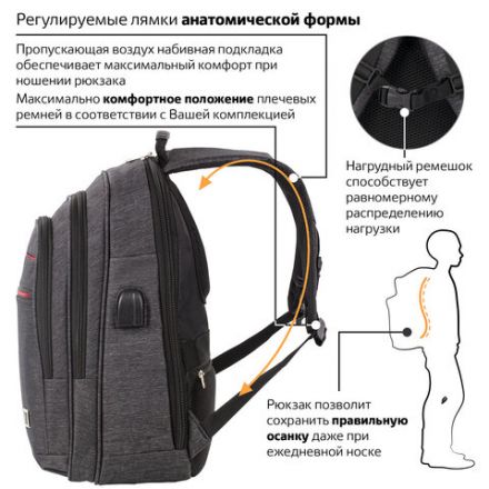 Рюкзак BRAUBERG FUNCTIONAL с отделением для ноутбука, 3 отделения, USB-порт, "Progress", 48х14х34 см, 229873