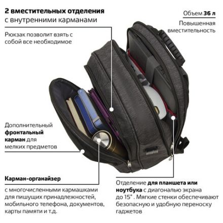 Рюкзак BRAUBERG FUNCTIONAL с отделением для ноутбука, 3 отделения, USB-порт, "Progress", 48х14х34 см, 229873
