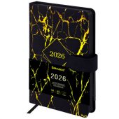 Ежедневник датированный 2026 А5 138x213 мм, BRAUBERG "Goldy", под кожу, цветной срез, черный, 117470