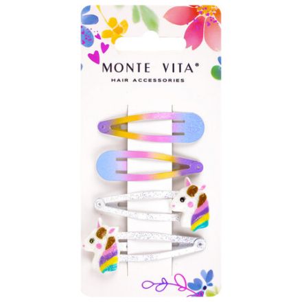 Заколки для волос НАБОР 4 шт., 5 см, клик-клак, с декоративными элементами, АССОРТИ, MONTE VITA (МОНТЕ ВИТА), 457090