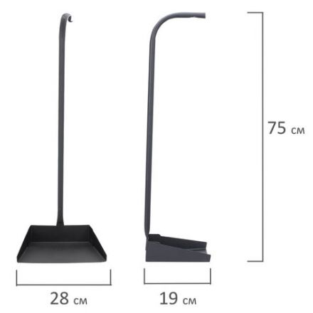 Совок для мусора 28х19см металл, ПРОЧНЫЙ высокая Г-образная ручка 75см, порошковый окрас, темно-серый, дом, офис, улица, ГРАНДМАСТЕР, 700351