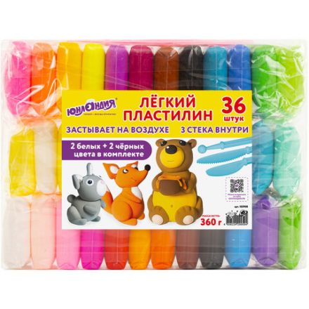 Пластилин супер лёгкий воздушный 36 шт. (32 цвета + 2 белых + 2 черных), 360 г, 3 стека, ЮНЛАНДИЯ, 105908