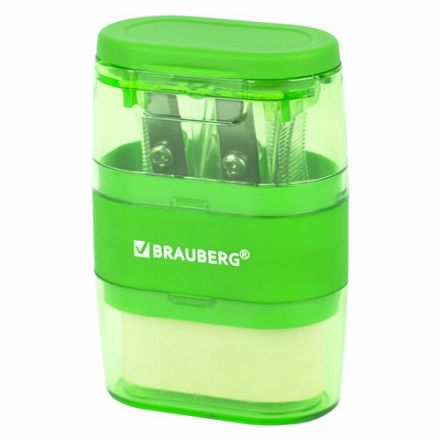 Точилка с ластиком 2 в 1 BRAUBERG "Double", 2 отверстия, яркие цвета корпуса ассорти, 271987