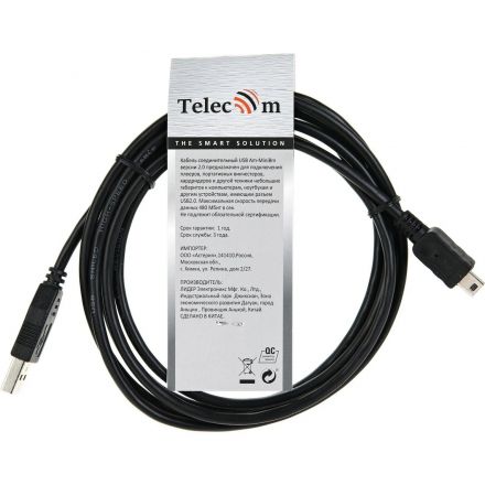 Кабель USB 2.0 A-->mini-B 5P (1,8м) чёрный, Telecom <TC6911BK-1.8M