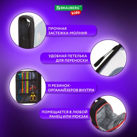 Папка для труда на молнии BRAUBERG KIDS А4, 1 отделение, прозрачная, органайзер, "Red car", 272209