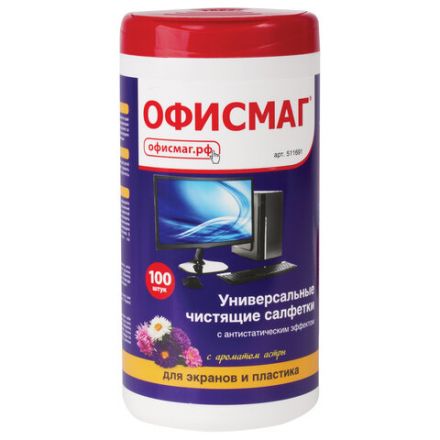 Салфетки для экранов всех типов и пластика ОФИСМАГ с ароматом "АСТРА", туба 100 шт., влажные, 511691