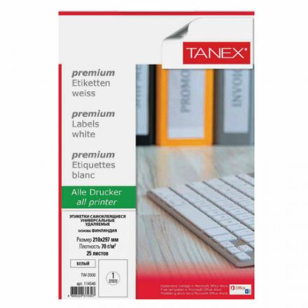 Этикетка самоклеящаяся УДАЛЯЕМАЯ 210х297 мм, 1 этикетка, белая, 70 г/м2, 25 листов, TANEX, сырье Финляндия, 114546, TW-2000