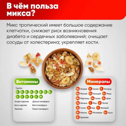 Орехи и сухофрукты NARMAK "Микс Тропический", грецкий орех, кешью, кокос, банан, цукаты, 400 г