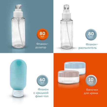 Дорожный набор флаконов в косметичке, 6 флаконов (2х80 мл / 2х60 мл / 2х10 мл), DASWERK (ДАСВЕРК), 609302