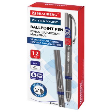 Ручка шариковая BRAUBERG "EXTRA 10000", УВЕЛИЧЕННАЯ ДЛИНА ПИСЬМА 10000 МЕТРОВ, СИНЯЯ, узел 0,7 мм, линия письма 0,35 мм, 144329