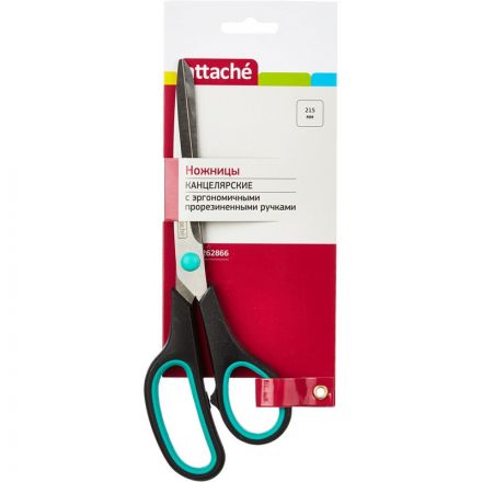 Ножницы Attache 215 мм с пластиковыми прорезиненными анатомическими ручками черного/зеленого цвета