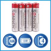 Батарейки КОМПЛЕКТ 4 шт., SONNEN, AAA (R03, 24А), солевые, мизинчиковые, в пленке, 451098