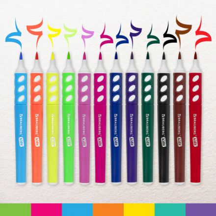 Фломастеры в суперкейсе эргономичные 12 цветов, наконечник-кисть, вентилируемый колпачок, BRAUBERG KIDS, 152184