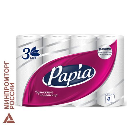 Полотенца бумажные бытовые, спайка 4 шт., 3-слойные (4х11,2 м), PAPIA, 23x13 см, белые, 5081506 Полотенца бумажные бытовые, спайка 4 шт., 3-слойные (4х11,2 м), PAPIA, 23x13 см, белые, 5081506