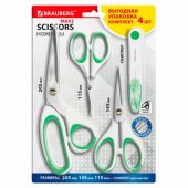Ножницы BRAUBERG "MAXI" КОМПЛЕКТ 4 шт.: 115, 145, 205 мм + сниппер (для ниток), бело-зеленые ручки, 272982