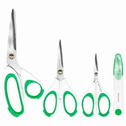 Ножницы BRAUBERG "MAXI" КОМПЛЕКТ 4 шт.: 115, 145, 205 мм + сниппер (для ниток), бело-зеленые ручки, 272982