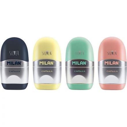 Ластик -точилка Milan CAPSULE SILVER+2 зап.ластика, цв в асс, блистBYM10356