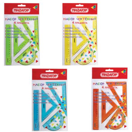 Набор чертежный ПИФАГОР (линейка 16 см, 2 треугольника, транспортир), неоновый, прозрачный, ассорти, 210851
