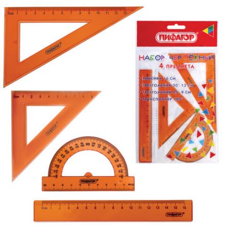 Набор чертежный ПИФАГОР (линейка 16 см, 2 треугольника, транспортир), неоновый, прозрачный, ассорти, 210851