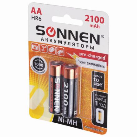 Батарейки аккумуляторные Ni-Mh пальчиковые КОМПЛЕКТ 2 шт., АА (HR6) 2100 mAh, SONNEN, 454234 Батарейки аккумуляторные Ni-Mh пальчиковые КОМПЛЕКТ 2 шт., АА (HR6) 2100 mAh, SONNEN, 454234