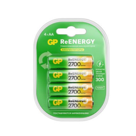 Батарейки аккумуляторные GP ReEnergy Ni-Mh пальчиковые КОМПЛЕКТ 4 шт., АА (HR6), 2600mAh, 270AAHCRGY, 270AAHCRGY-2CRC