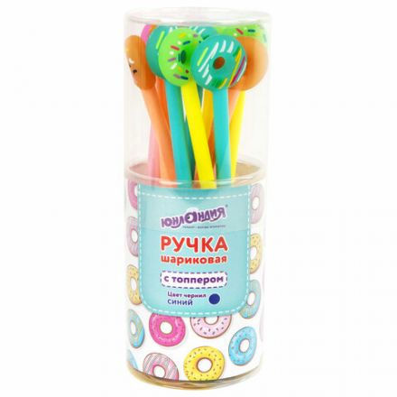 Ручка с топпером шариковая ЮНЛАНДИЯ "Пончик", корпус ассорти, СИНЯЯ, пишущий узел 0,7 мм, 143799