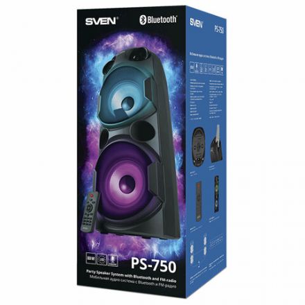 Колонка портативная SVEN PS-750, 80 Вт, TWS, Bluetooth, FM, USB, microSD, LED-дисп, черная, SV-019617